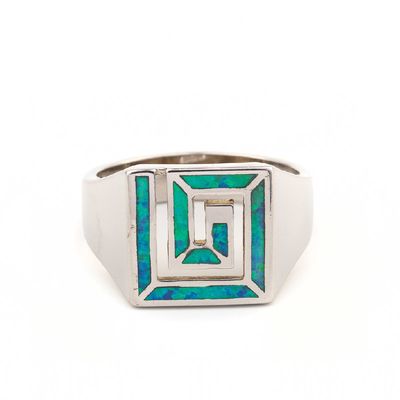 Blue Opal Greek Key Design Wraparound 925 แหวนเงินแท้ Handmade เครื่องประดับโอปอลสำหรับผู้หญิง