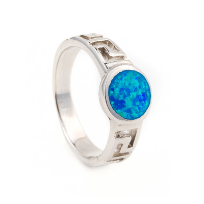 Blue Opal Greek Key Design Wraparound 925 แหวนเงินแท้ Handmade เครื่องประดับโอปอลสำหรับผู้หญิง