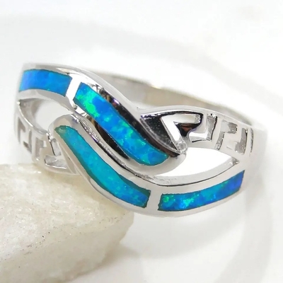 Greek Style 925 Sterling Silver Jewelry Greek Key Blue Fire Opal Gemstone Bangle สร้อยข้อมือโอปอลสีฟ้า