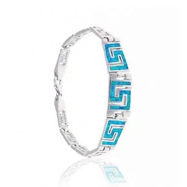 Natural Vintage Fire Rectangular Greek Blue Opal สร้อยข้อมือเงินแท้ 925