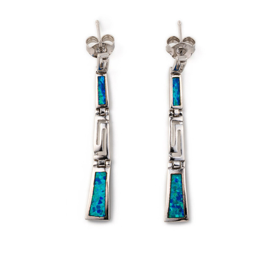 Retro Greek Key Curvy Silver Blue Fire Opal Dangle ต่างหูเครื่องประดับคุณภาพสูงสำหรับผู้หญิง