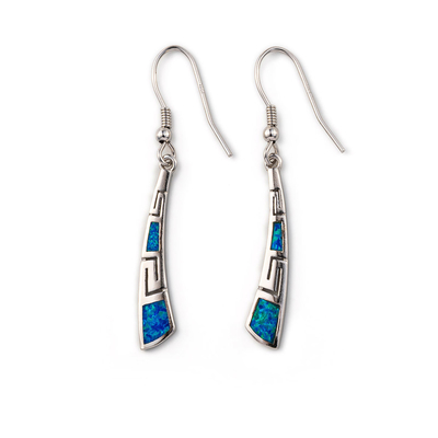 Retro Greek Key Curvy Silver Blue Fire Opal Dangle ต่างหูเครื่องประดับคุณภาพสูงสำหรับผู้หญิง