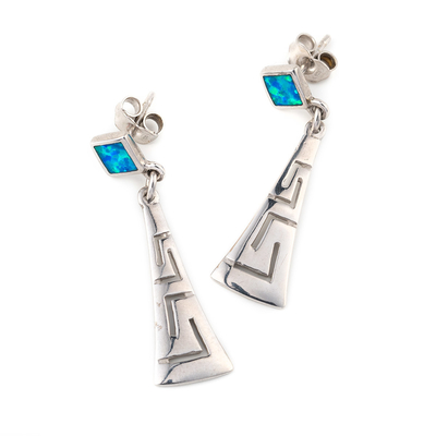 Retro Greek Key Curvy Silver Blue Fire Opal Dangle ต่างหูเครื่องประดับคุณภาพสูงสำหรับผู้หญิง