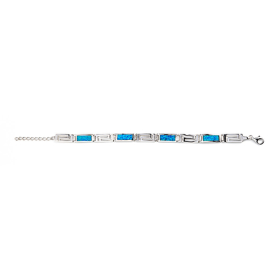 Natural Vintage Fire Rectangular Greek Blue Opal สร้อยข้อมือเงินแท้ 925