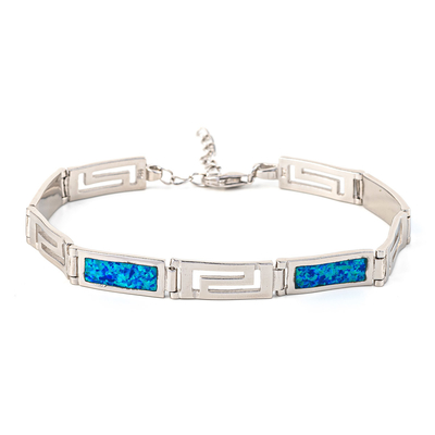 Natural Vintage Fire Rectangular Greek Blue Opal สร้อยข้อมือเงินแท้ 925