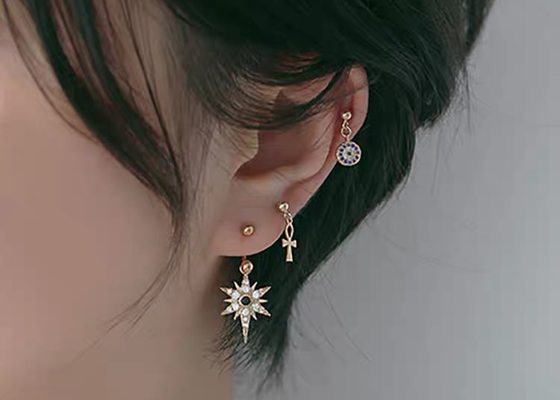 ต่างหูกระดูกอ่อนเพชรทองคำ 14k 0.126ct, ต่างหูเกลียวเจาะ 14 ชิ้น OEM