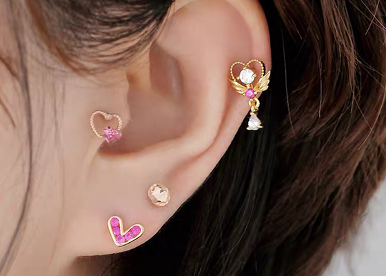 ต่างหูกระดูกอ่อนเพชรทองคำ 14k 0.126ct, ต่างหูเกลียวเจาะ 14 ชิ้น OEM