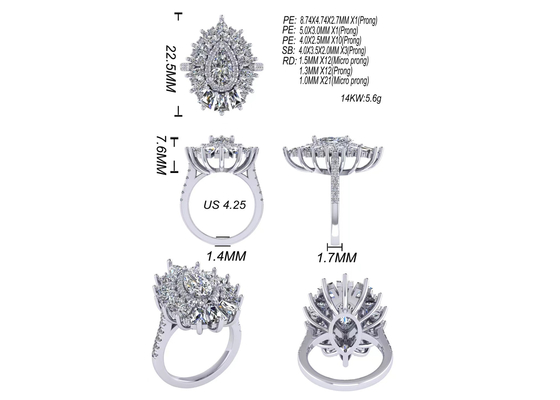 1.5ct 49pcs Classic Halo แหวนหมั้นเพชรสีขาวชุบทองคำขาว ODM