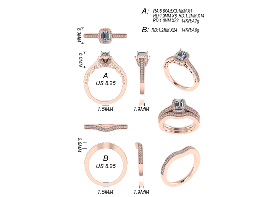 0.8ct 14K Solid Gold Jewellery, ชุดแหวนหมั้นทองคำสีกุหลาบ RA5.6×4.5MM