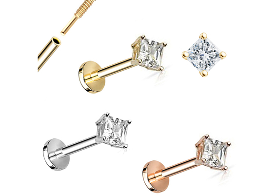 14K Gold Princess Cut Diamond Stud ต่างหู Dia 3 × 3mm ODM for Anniversary