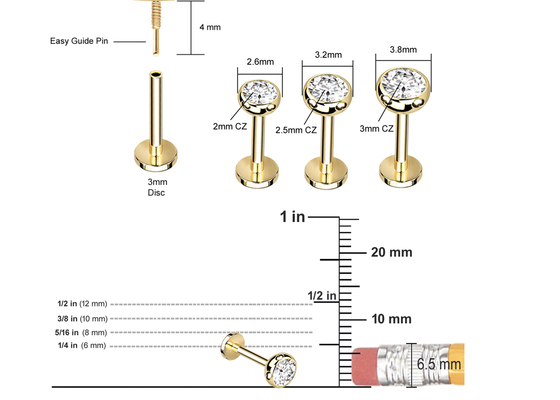ต่างหูเครื่องประดับเจาะร่างกายทองปลอดเชื้อสไตล์สกรู Dia 3×3mm
