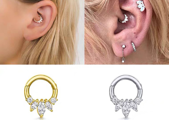 Marquise Cut 14K Gold Clicker เจาะสี่ประเภทการตั้งค่า Claw สำหรับ Septum Daith Nose