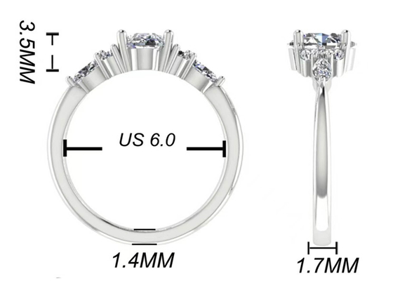 แหวนหมั้นเพชรวงรี OEM, แหวนทองคำขาวกลม 7.19x5.15x3.17mm size