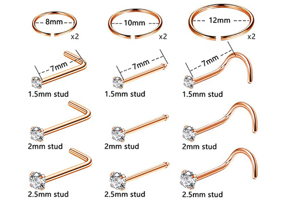 ODM 18k Rose Gold Nose Ring, เข็มเจาะจมูกด้วยเพชรธรรมชาติ 1.5-2.5 มม