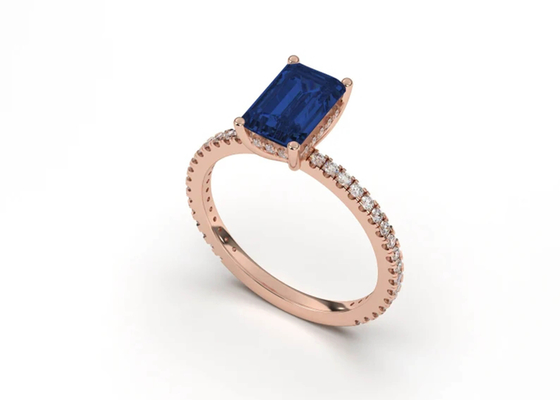 แหวนเพชรพลอยบลูแซฟไฟร์แท้ มรกต เจียระไน 8×6mm Size