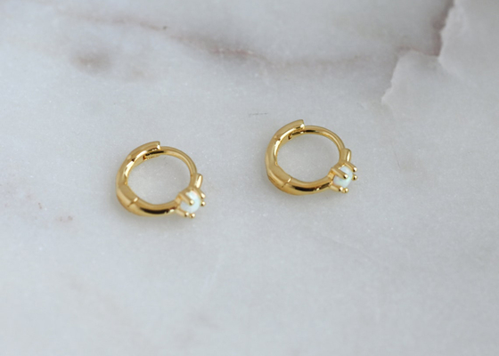 Dia 10mm Gold Opal Huggie Earrings 1.5mm Width For Anniversary