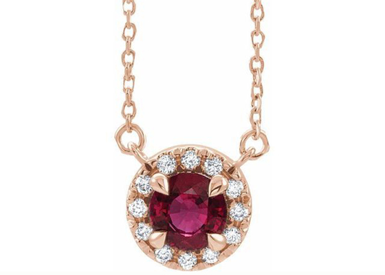 สร้อยคอจี้ทับทิมธรรมชาติทองคำ 14K รอบตัดด้วย Halo Stones 0.6ct 5mm