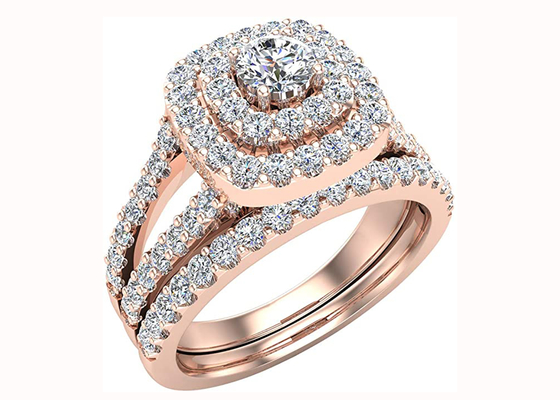 0.79CT 79PCS แหวนหมั้นเพชรคู่ Halo สไตล์เบาะ Shape